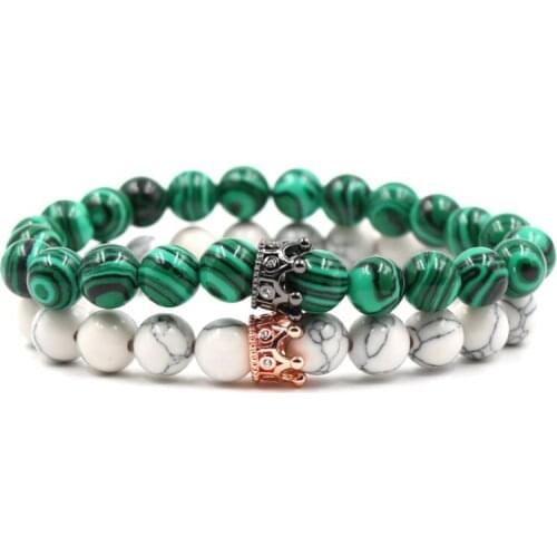 8mm 2PCS/Set gt2s elastic adjusted nature white Howlite bead micro pave cz zircon cubic zirconia Crown Bracelet