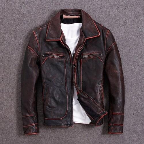 American Casual Wear Vintage Genuine Leather Jackets Plus Size Vintage Brown Cow Leather Men Leather Coat