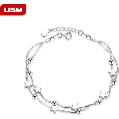 925 Sterling Silver Bracelets Double Layered Stars Beads Chian Bracelets & Bangles For Women Girls Wedding Jewelry