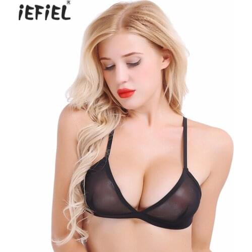Womens Sexy Lingerie Femme Shelf Bra Soft Sheer Mesh Bralette Seamless Wire-free Unlined Triangle Cup Transparent Bra Top