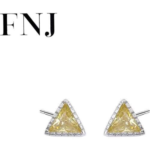 FNJ Triangle Earrings 925 Silver Jewelry Original Pure S925 Sterling Silver Stud Earring for Women White Yellow Blue Zircon