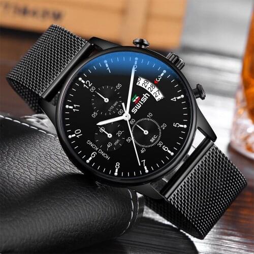 Stainless Band Round Watch Fashion Men Women Wrist Watch Metal Plate Multi Functions Montres