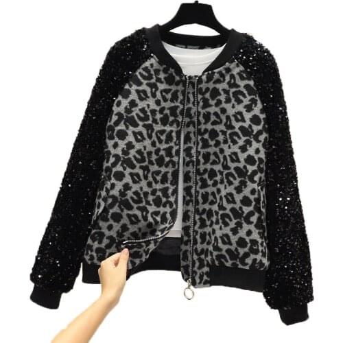 Fashion Womens Outerwear Spring Autumn Stitching Sequins Leopard Print Ladies Jacket Short Large Size Casual Coat Female Tops