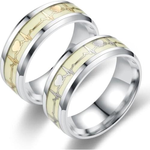 Trendy Stainless Steel ECG Rings Glow In The Dark Luminous Couple Ring Unique Two Tone Ring Unisex Fashion Jewelry Gifts