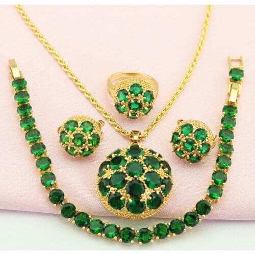 WPAITKYS Trendy Green Stone Gold Color Jewelry Set For Women Bijouterie Earrings Pendant Ring Bracelets Free Chain Gift Box