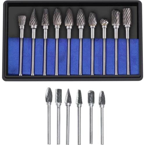 10pcs Rotary Burrs Tungsten Carbide Steel Rotary Files Burr Set 3mm Shank 6mm Cutting Head Diameter Metalworking Tool