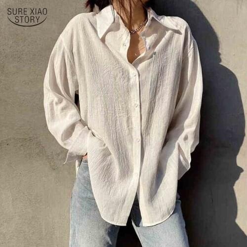 2021 Spring new Vintage Women shirts Tops Cotton casual Plus Size Shirt for Women Solid white Puff Sleeve Female Clothing 13580