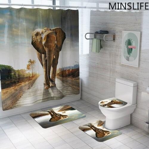Walking Elephant Printing Shower Curtain 3D Polyester Fabric Waterproof Bathroom Curtains Rug Sets Toilet Cover Bath Mat Set