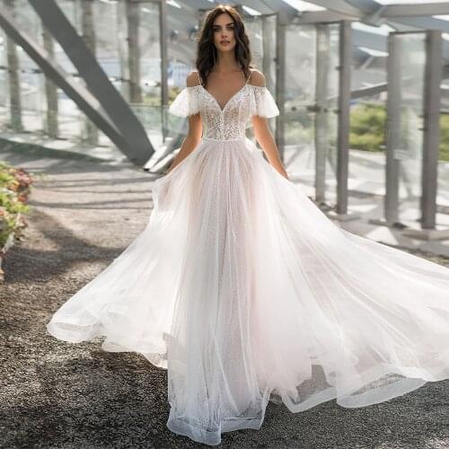 Charming V-neck Tulle Wedding Dress 2021 Fashion Off-the-shoulder Lace Sequin Sweep Train A Line Bridal Dress