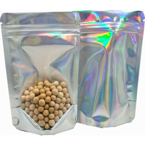 100pcs Clear Front Holographic Mylar Foil Zip Lock Packing Bags Translucent Laser Stand Up Zipper Top Storage Bag for Cosmetic