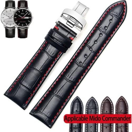 Genuine Leather Watch Band Mens Original Butterfly Buckle Strap for Mido Commander Series M016.430 M021.431 Watch Accessories