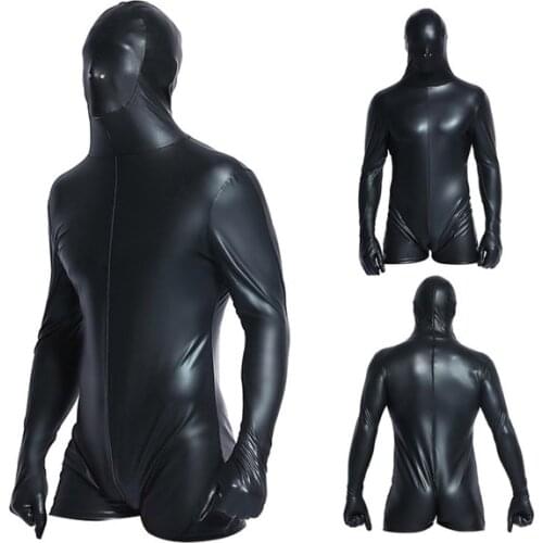 Super Cool Sexy Men Black Patent Leather Jumpsuit Vinyl Latex Bondage Catsuit Wetlook Leotard Bodysuit Bodysuit for Men 6736