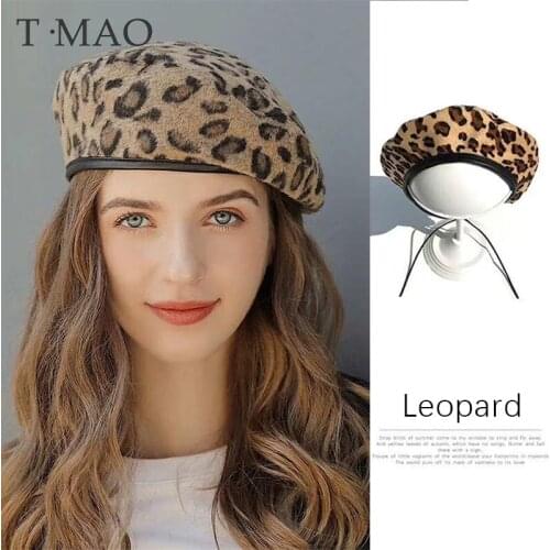 T-MAO Women Girl Beret Wool Leopard Winter Beanie Hat Mens Caps Vintage Plain Beret Hats Solid Color Elegant Lady Winter Caps