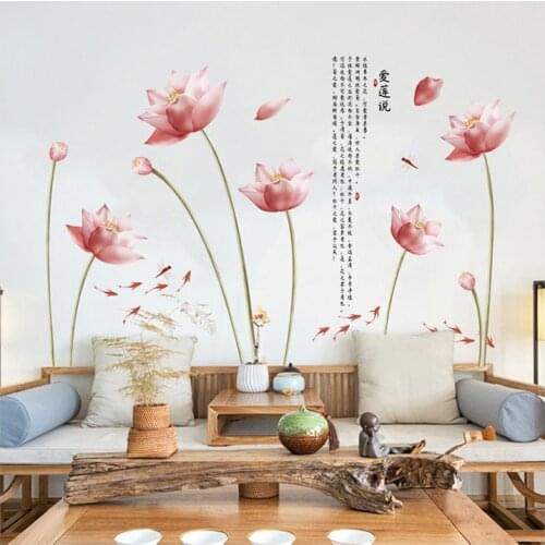 Chinese Style Flower Lotus Wall Stickers Vintage Room Decor Living Room Bedroom Home Office Decor PVC Decals 96x145cm
