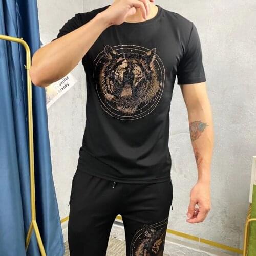 High-End Craft Hot Drilling 2-Piece Set Summer Chic Comfortable Suit Anti-Wrinkle Design Mens Black Cotton Slim