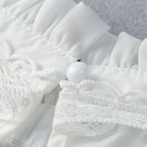 Women Girl Blouse Fake Ruffle Stand Collar Crochet Floral Lace Applique Decor Solid Color Detachable Ladies Stretchy Half Shirts