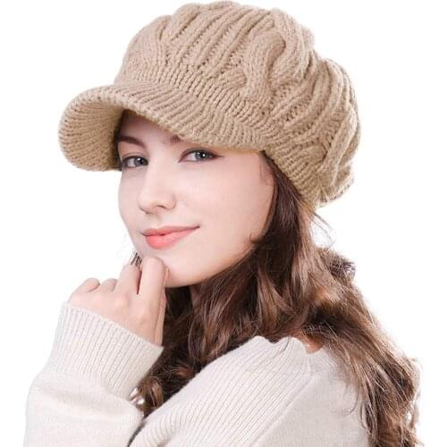 Womens 100% Wool Knitted Visor Beanie Winter Hat for Women Newsboy Cap Warm Soft Lined