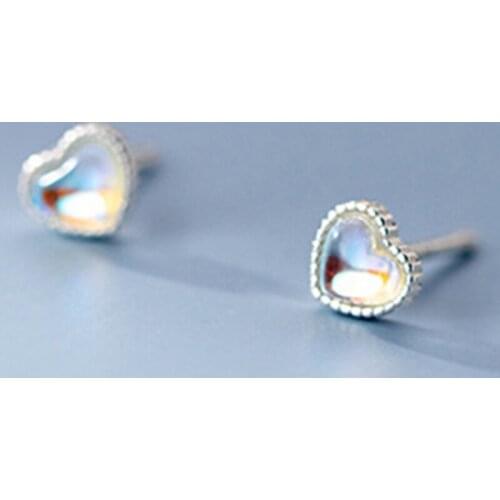 Tiny Opal Heart Stud Earrings Real 925 Silver Charm Bridal Ear Studs Women Wedding Jewelry