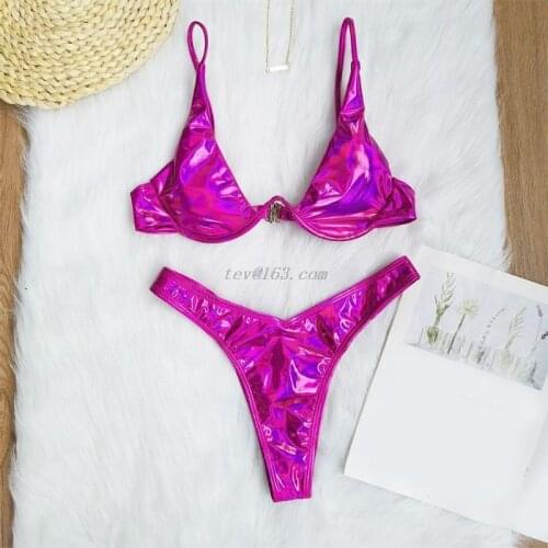 Women Summer Sexy Swimming Suit Bikini Set Holographic Shiny Metallic Swimsuit Push Up Padded Underwire Beach Bathing Suit