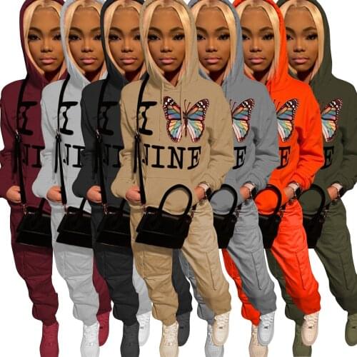 Women Hooded Sports Suit with Pockets Casual Letter Butterfly Tracksuit Long Sleeve Top and Pencil Pants Autumn 2 Pices Outfits