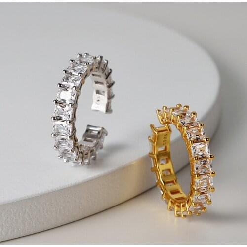 S925 sterling silver simple rectangular zircon ring female index finger ring opening design sense European and American ring