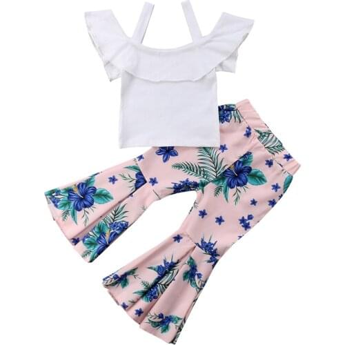 Little Girls Floral Flared Pants 2PCS Clothes Sets Toddler Girl Summer Strap Off Shoulder Tops Pants Outfits