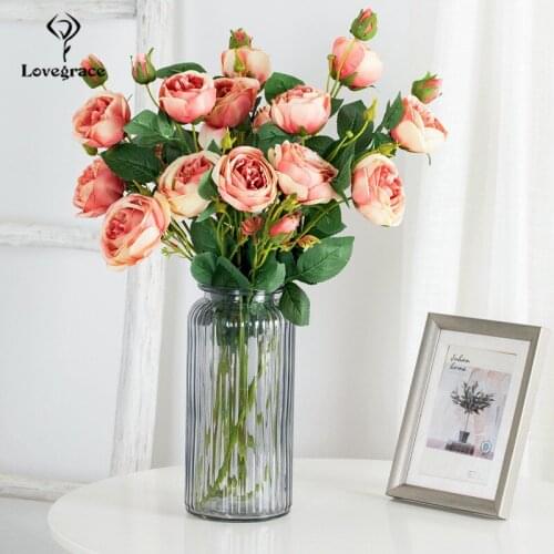 3 Flower Head and 2 Mini Flower Bud Artificial Roses Silk Flowers Wedding Table Party Fake Rose Flower Home Vase DIY Decoration