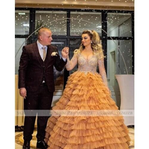 Arabic Evening Dresses Long Luxury 2020 with Sleeves Crystal Bead Ruffles Women Formal Ball Gown Prom Dresses Robe De Soiree