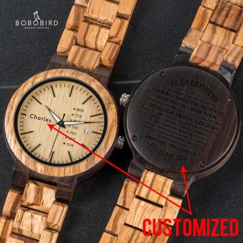 BOBO BIRD Customized Men Watches Wood Engrave Name And Text Date Week Display