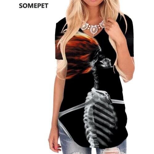 SOMEPET Skull T Shirt Women Skeleton Shirt Print Hair Dryer V-neck Tshirt Hip Hop T-shirts 3d Womens Clothing Punk Rock Cool