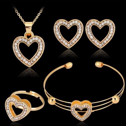 Cute Lovely Hollow out Heart Gold-color Rhinestone Necklace Stud Earring Bracelet Ring Set for Women Wedding Jewelry Set