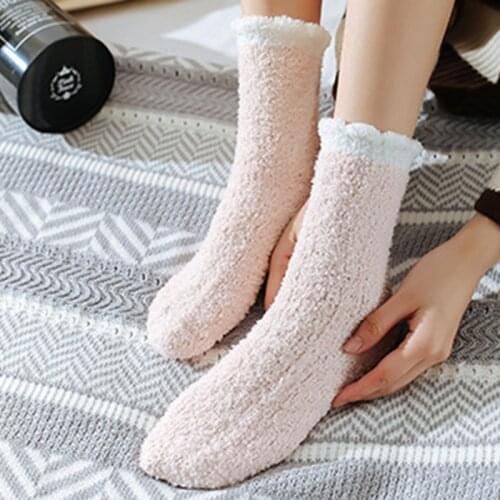 1 Pair Women Socks Coral Fleece Winter Mid Socks Warm Cold Resistance Velvet Sock Kawaii Candy Color Cotton Floor Sleep Sock