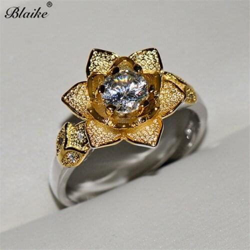 Blaike White Gold Filled Rose Flower Ring White Zircon Wedding Rings Engagement Promise Rings For Women Party Jewelry Gifts