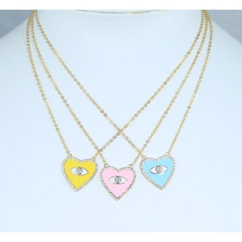 Pastel Colorful Enamel Heart Charm Pave CZ Engrave Lucky Evil Eye Turkish Women Necklace
