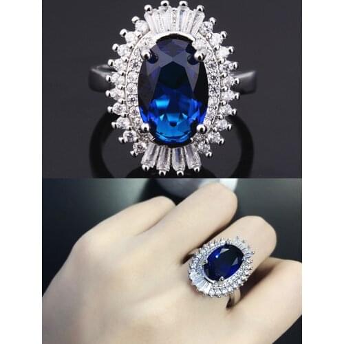 Luxury big blue crystal sapphire gemstones diamonds rings for women white gold silver color jewelry bijoux precious bague gifts