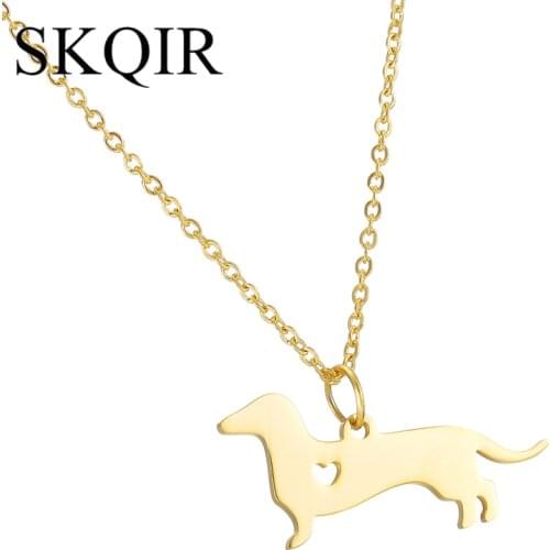 SKQIR Lovely Engrave Women Jewelry Fashion Dachshund Dog Pendant Necklace Gold Chain Stainless Steel Animal Necklace Heart Charm