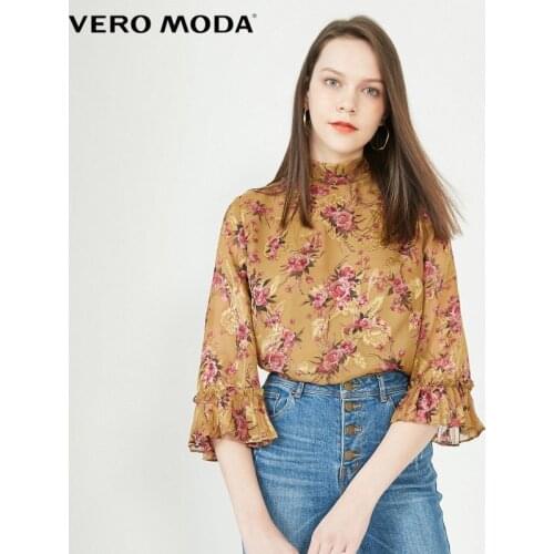 Vero Moda Womens Vintage Printed Decorative Ribbon Chiffon Shirt|320158522