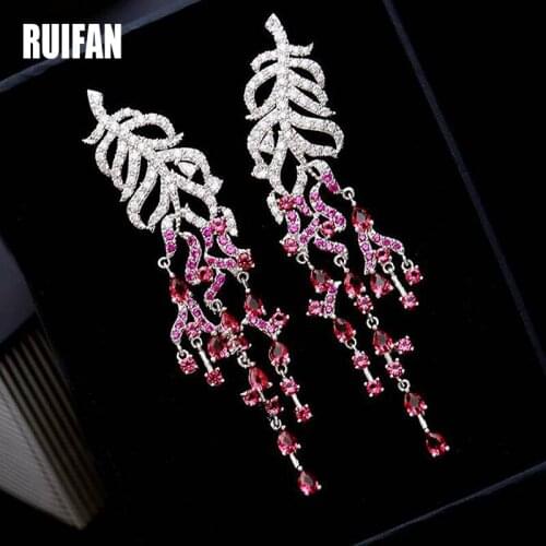 Ruifan Elegant Leaf Pink/Green Cubic Zirconia Women Tassel Earrings Korean Long Earring Accessories Women Gift Girl YEA075