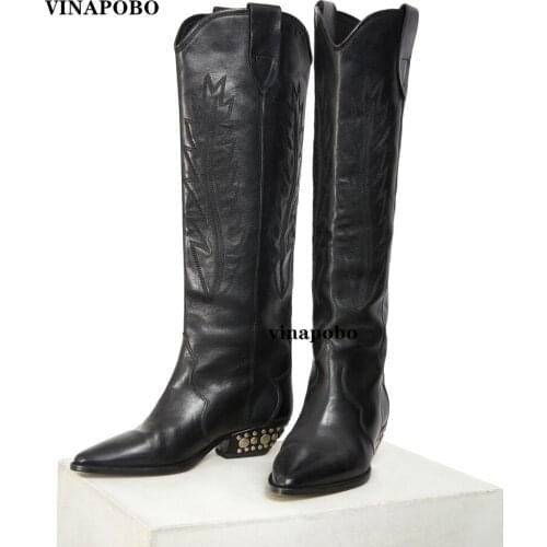 New black embroidery genuine leather Knee high boots for women pointed Toe Flat winter long boots women Kitten heels Cowboy boot