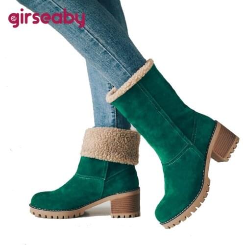Girseaby Big size Women Boots Female Winter Shoes Woman Fur Warm Snow Boots Square High Heel Ankle Boots Black Green botas mujer
