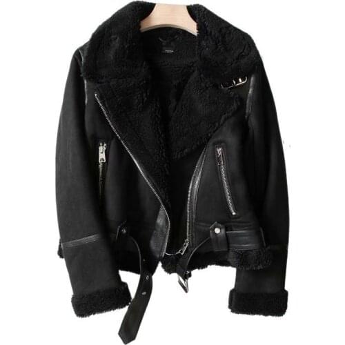 Women Winter Faux Shearling Sheepskin Fake Leather Jackets Lady Thick Warm Suede Lambs Motorcycle Brown Coats Mujer Chaqueta