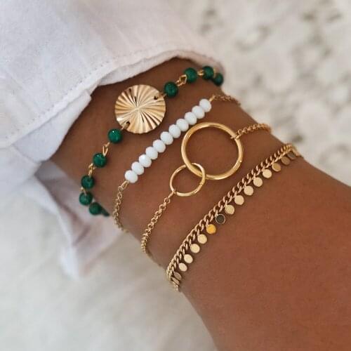 Boho Shell Green Beadeds Bracelet Set for Women Arrow Sequins Leaf Tassel Chains Adjustable Bracelet Bangle Jewelry Bransoletka