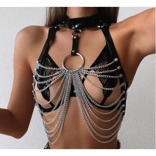 Goth Leather Body Harness Chain Bra Top Chest Waist Belt