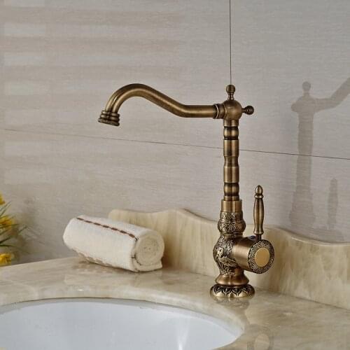 Antique Brass Basin Faucet Longnose Spout Flower Carved Single Handle Mixer Tap 360 Rotation Bathroom Faucet KD1182