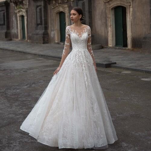 Long sleeves boho Bridal Gown 2021 new Sexy Boat Neck Bride Wedding Dress Luxury lace Vestido de novia Robe de mariee