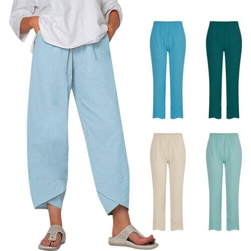 Cotton Linen Pants Women Summer Casual Solid Color Harem Pants Elastic Waist Wide Leg Loose Womans Linen Trousers Large Size