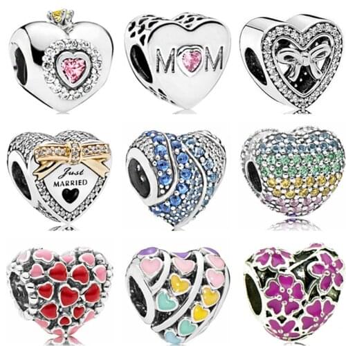 Btuamb Luxurious Enamel Alloy Family Love Heart Crystal Beads Fit Pandora Bracelet Necklace for Women Making Jewelry Mother Gift