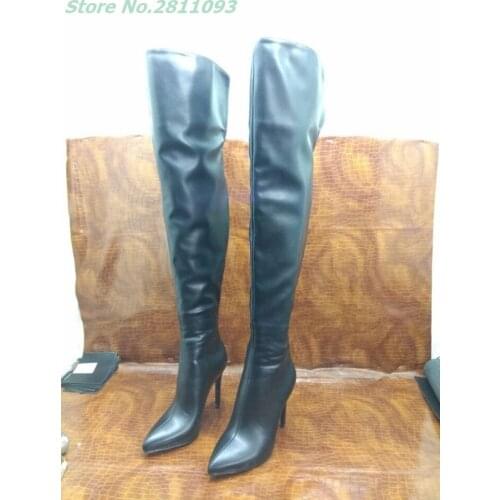 Black Leather Thigh High Boots Sexy Pointed Toe Thin High Heel Shoes Matte Leather Metal Zipper Over The Knee Custom Made Boots
