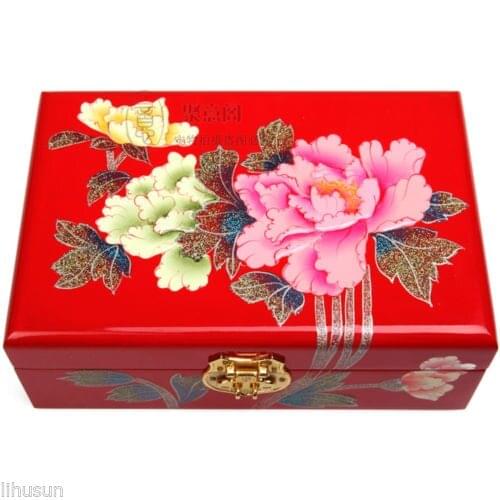 Chinese Handmade Classic Wooden Lacquerware&Embroidery Peony 2 Layer Jewelry Box