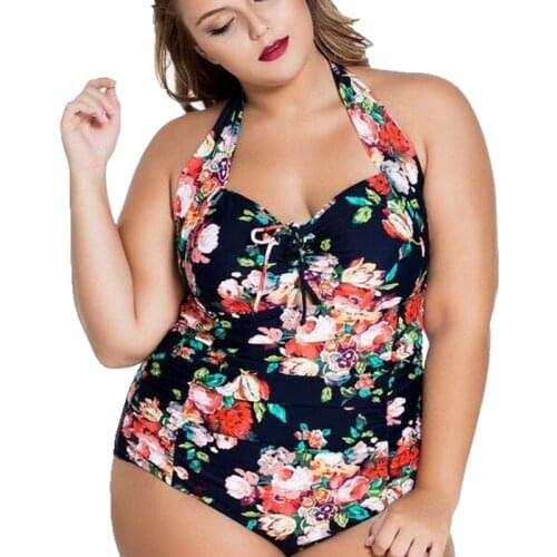 Plus Size Swimwear Retro printing One Pieces Swimsuit High Waist push up Cup bathing suit Maillot De Bain Blue Pink size XXXXXL